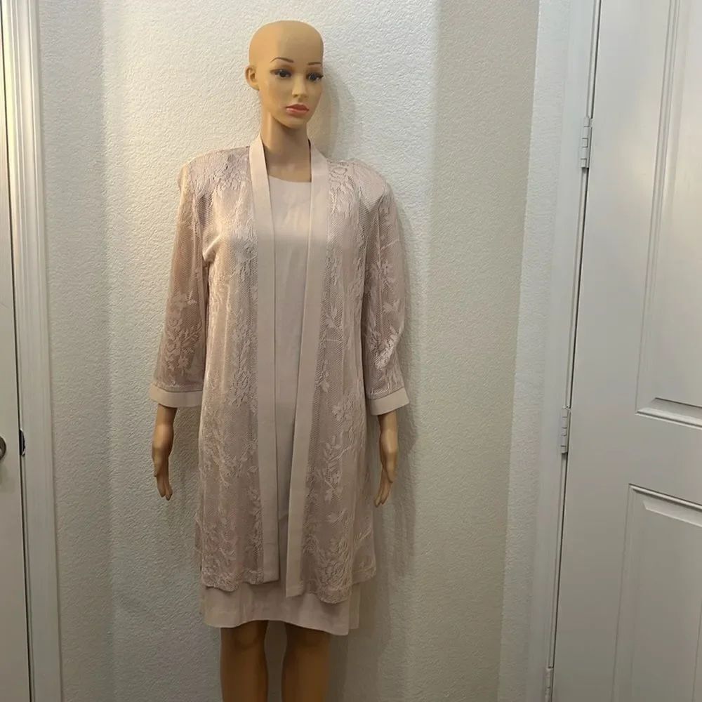 R&M Richards Dress & Lace Jacket 14 Petite Sleeveless Sheath 3/4 Sleeve Jacket